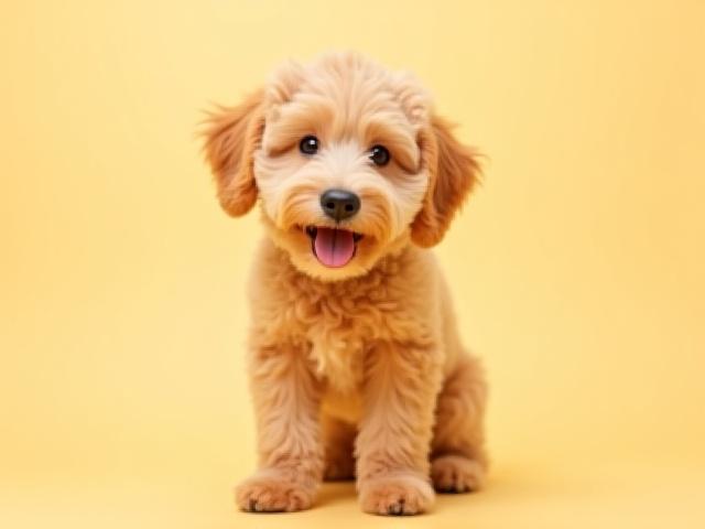 Goldendoodle after grooming, with a clean and fluffy teddy bear cut, looking happy and well-maintained.