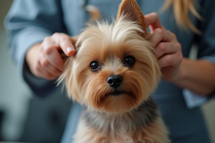 A small, calm Yorkshire Terrier being gently groomed by a professional at AstroPaws Grooming, highlighting specialized, compassionate care.