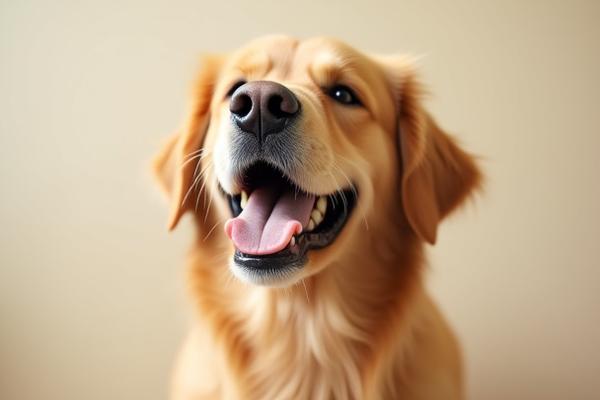 A happy golden retriever showing visibly clean teeth, mid-yawn, conveying health and freshness