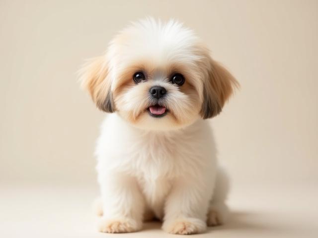 A happy Shih Tzu showcasing a meticulously trimmed 'teddy bear' face, soft, round, and fluffy, looking adorable.